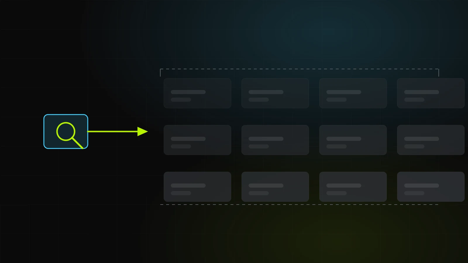 A grid of grey blocks with one cyan block circled, beside a stack of invoices growing taller